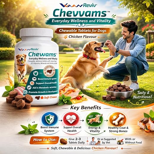 Vvaan Chevvams Multivitamin Mineral and Amino Acids Chicken Flavour Chewable Tablets for Dogs 30 Tablets
