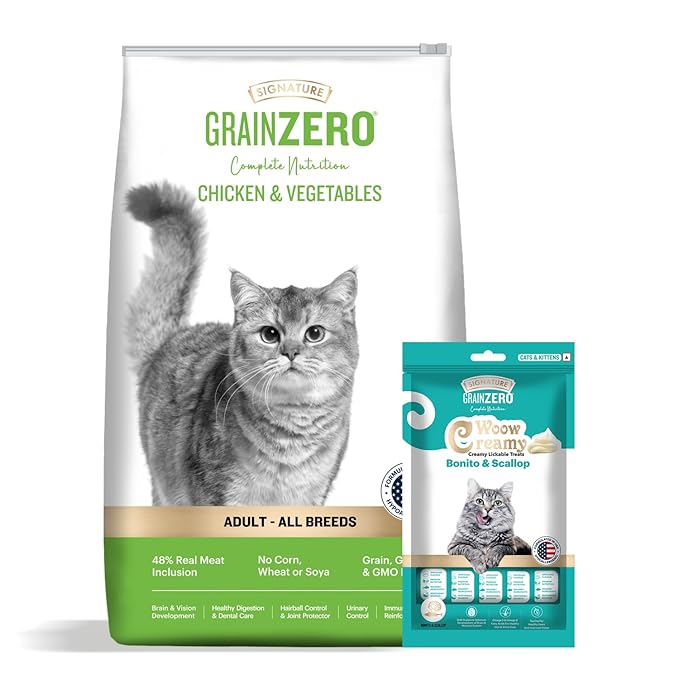 Signature Grain Zero Chicken & Vegetables Adult All Breed Adult Cat Dry Food 1.2kg + Free Creamy Treat