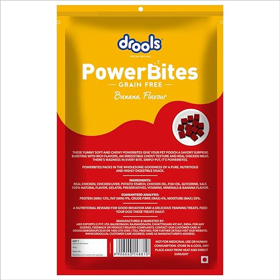 Drools Power Bites Banana Flavour With Real Chicken Grain Free Treat For Dogs 135gm (Pack of 3)