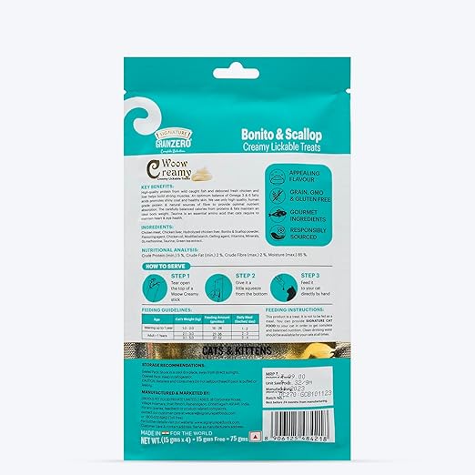 Signature Grain Zero Woow Creamy Bonito & Scallop Cat & Kitten Lickable Treats 75 Gm (4 Sachet + 1 Free)