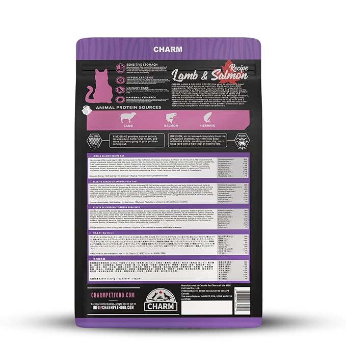 Charm Lamb and Salmon Recipe Grain Free Premium Cat Dry Food For All Breeds and All Life Stages 340g