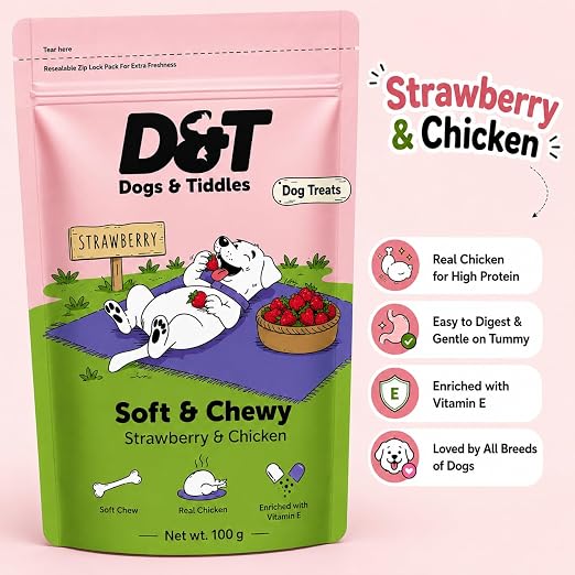 Dogs & Tiddles Soft and Chewy Chicken & Strawberry Dog Treats 100g