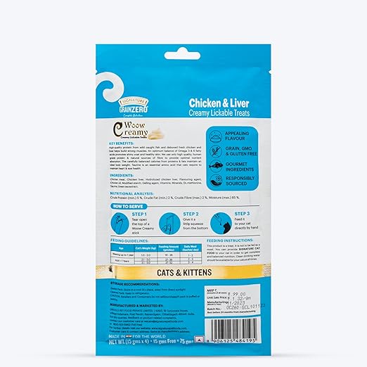 Signature Grain Zero Woow Creamy Chicken & Liver Cat & Kitten Lickable Treats 75 Gm (4 Sachet + 1 Free)