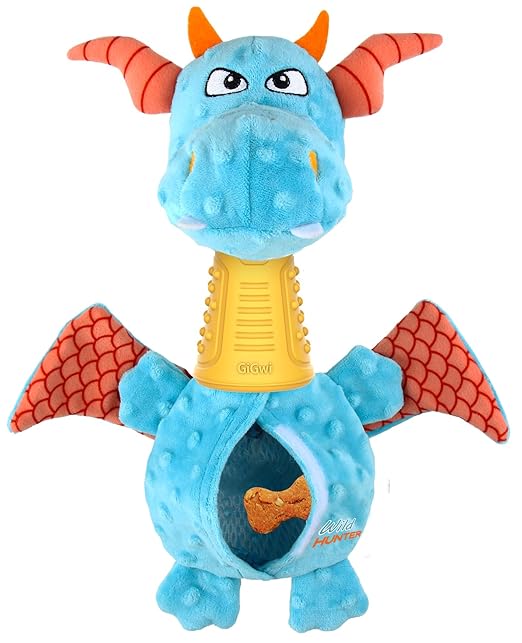 Gigwi Wild Hunter Dragon Treat Dispensing, Neck with Crunchy Sound, Squeaker for Exciting Play Toy for Dogs Medium