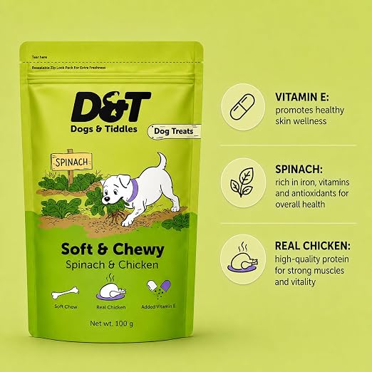 Dogs & Tiddles Soft and Chewy Chicken & Spinach Dog Treats 100g
