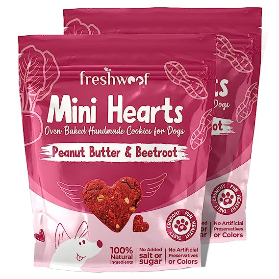 Freshwoof Mini Hearts Handmade Cookies Peanut Butter & Beetroot for Dogs 100% Natural Dog Treats Vegetarian Biscuits for Dogs 160g