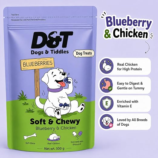 Dogs & Tiddles Soft and Chewy Chicken & Blueberry Dog Treats 100g