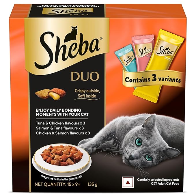 Sheba Duo Adult Crunchy Cat Treats Contain Variants Tuna & Chicken, Salmon & Tuna, Chicken & Salmon 15 x 9 = 135g