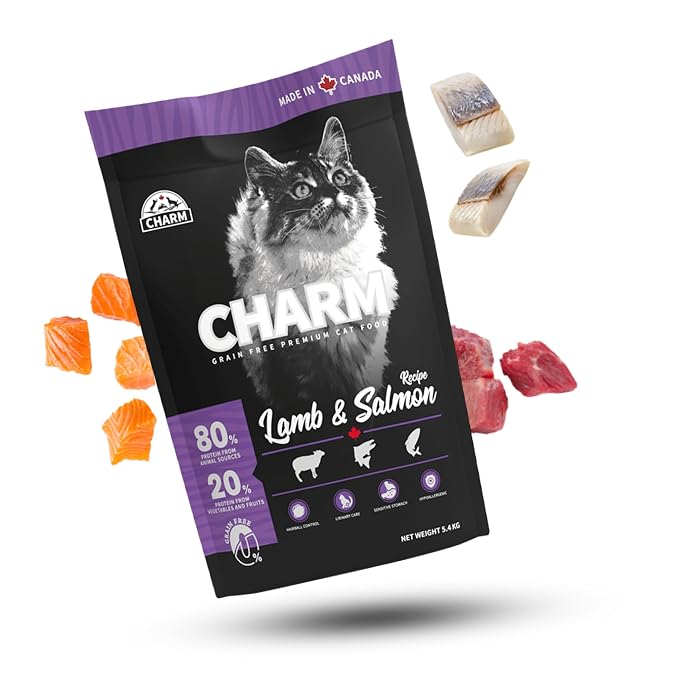 Charm Lamb and Salmon Recipe Grain Free Premium Cat Dry Food For All Breeds and All Life Stages 340g