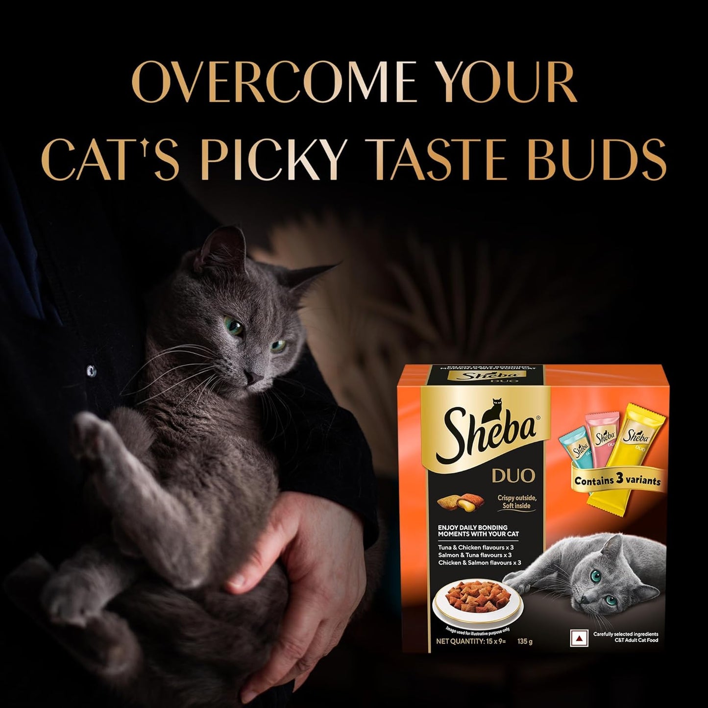 Sheba Duo Adult Crunchy Cat Treats Contain Variants Tuna & Chicken, Salmon & Tuna, Chicken & Salmon 15 x 9 = 135g