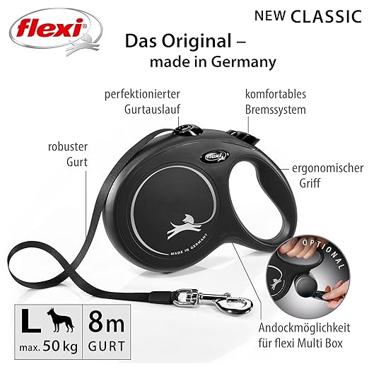 Flexi New Classic Retractable Dog Leash Black 8m Large