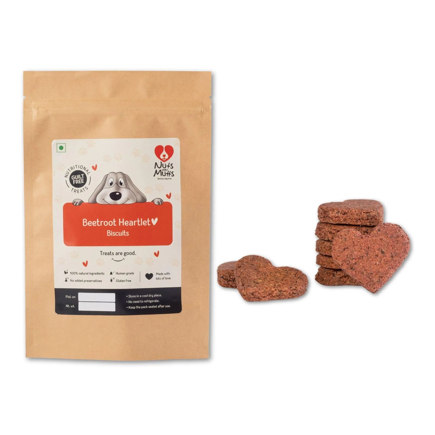 Nuts over Mutts Beetroot Heartlets Vegetarian All-Natural & Gluten-Free Treats For Dogs 200g