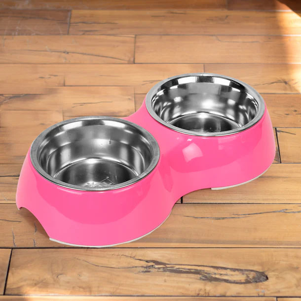 Basil Melamine Double Dinner Set Pet Feeding Bowls for food and water Pink Large 1600ml