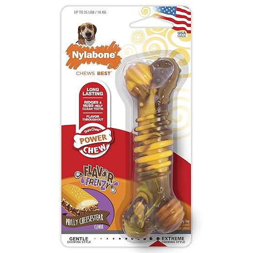 Nylabone Power Chew Flavor Frenzy Textured Bone Philly Cheesesteak Flavor Up to 16kg Dogs 14.75cm x 4.77cm x 3.17cm