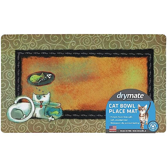 Drymate Pet Bowl Placemat Cat Food Feeding Mat Absorbent Fabric Waterproof Machine Washable - Fish Kitty Design