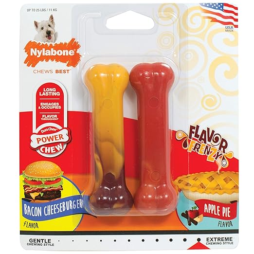 Nylabone Power Chew Flavour Frenzy Bone Twin Pack  Bacon Cheeseburger Flavor & Apple Pie Up to 11kg 11.43cm x 2.54cm x 4.44cm
