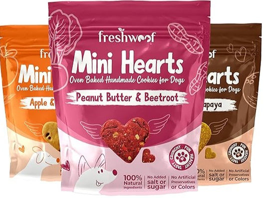 Freshwoof Mini Hearts Hndmade Cookies 100% Natural Dog Treats Vegetarian Biscuits for Dogs All Flavors Combo Pack of 3