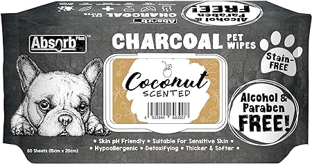 Absolute Holistic Coconut Scented Charcoal Pet Wipes For Dog 80 Sheets 15cmx20cm