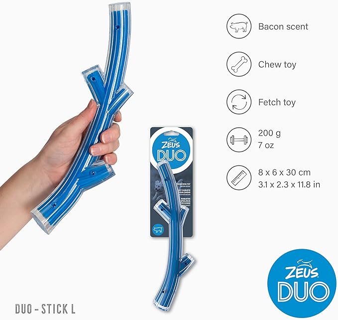 Zeus Duo Stick Chew & Fetch Toy Bacon Flavour - Blue