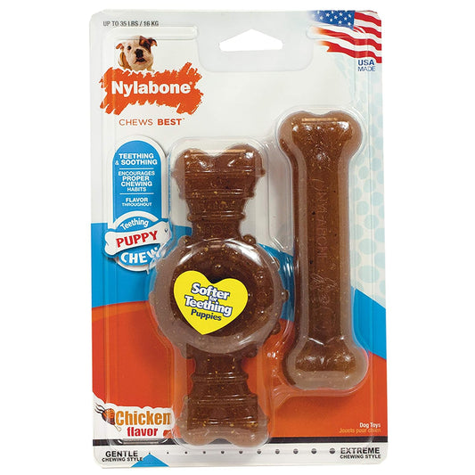 Nylabone Puppy Chew & Ring Bone Twin Pack Chicken Flavor Chew Toy Up to 16kg Dogs 13.97cm x 4.44cm x 2.54cm