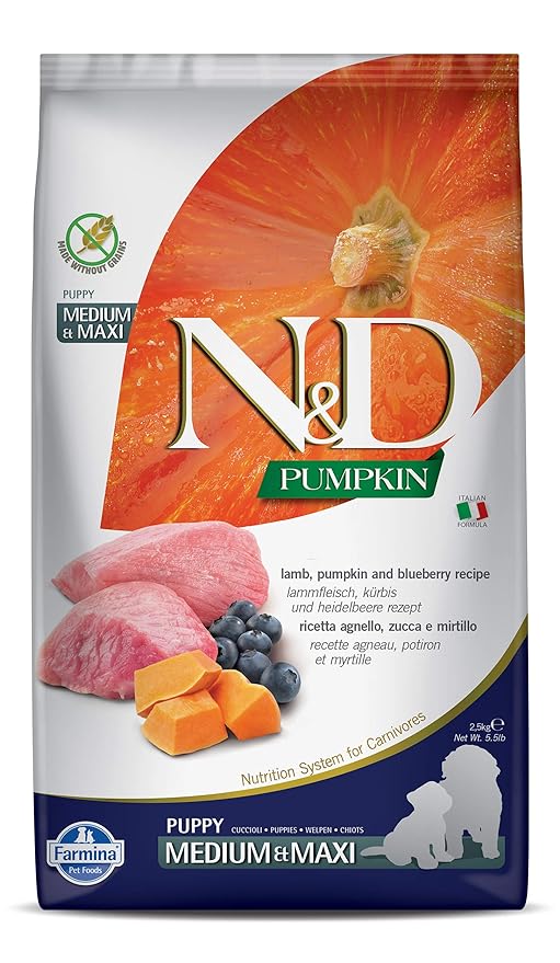 Farmina N&D Pumpkin Lamb & Blueberry Grain Free Puppy Medium & Maxi Breed Dry Dog Food 2.5kg