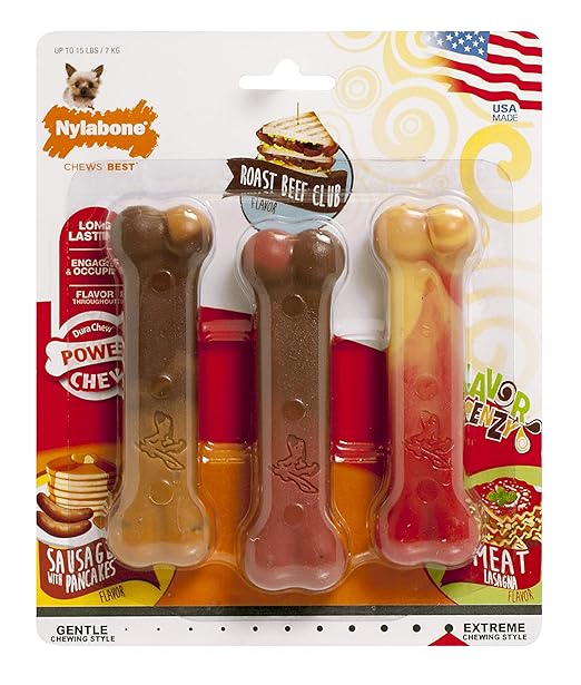 Nylabone Power Chew Flavor Frenzy Bone Triple Pack Chew Toy Up to 7kg Dogs 9.67cmx 2.69cm x 1.60cm