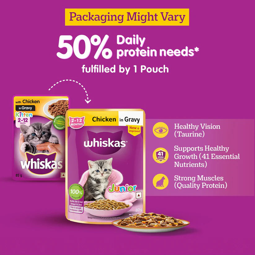 Whiskas Chicken in Gravy Kitten 2-12 Months Wet Food 85g (Pack of 14)