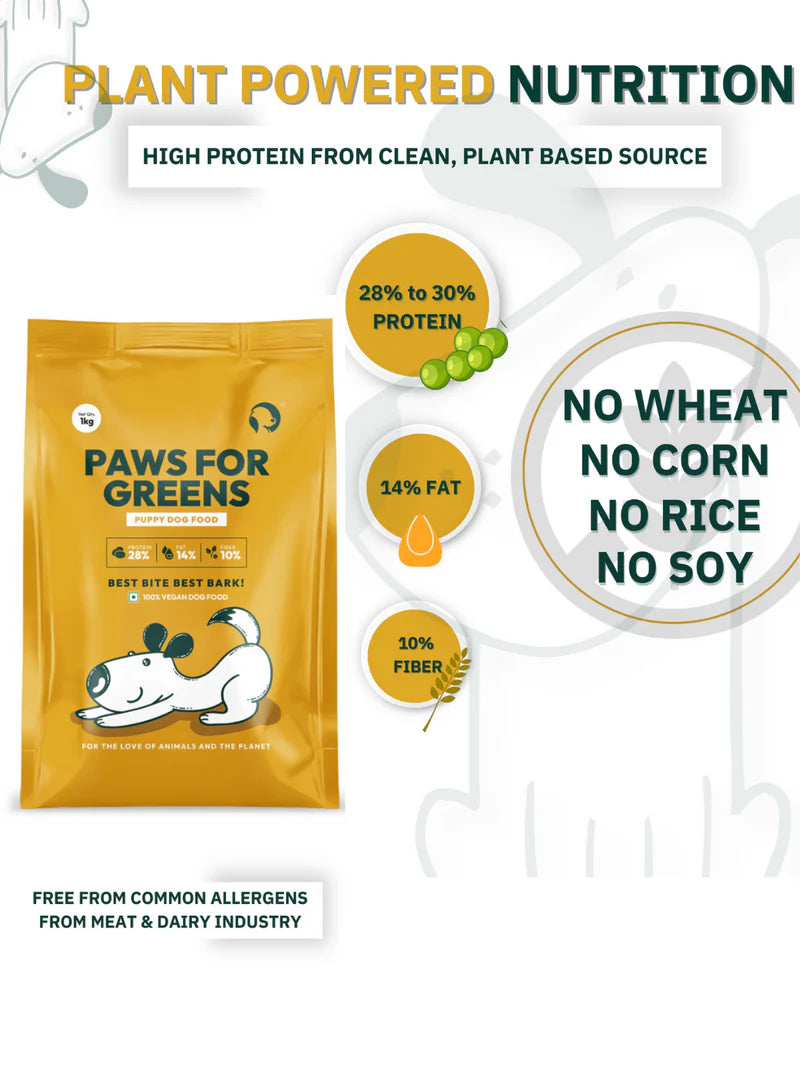 Paws For Greens Veg Dog Food Plant-Based Meat-Free for All Breeds Dry Kibble high Protein Complete Nutrition special for puppy 1kg