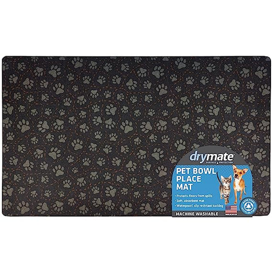Drymate Pet Bowl Placemat Dogs & Cats Food Feeding Mat Absorbent Fabric Waterproof Machine Washable - Paw Path Tan 16" x 28"