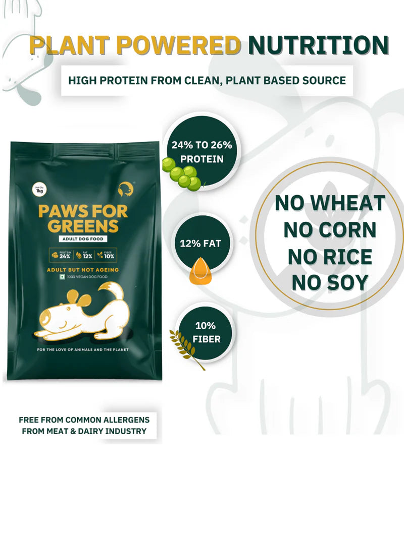 Paws For Greens Veg Adult Dog Food – High Protein, Plant-Based, Meat-Free Dry Dog Food Kibble for All Breeds 1kg