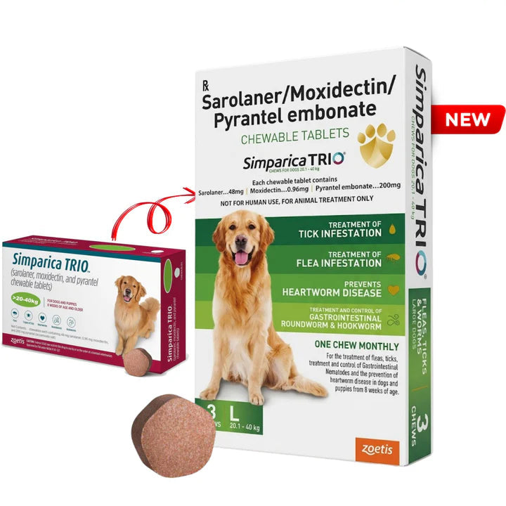 Zoetis Simparica Trio Dog Tick and Flea Control 3 Chewable Tablet For Large 20.1-40kg