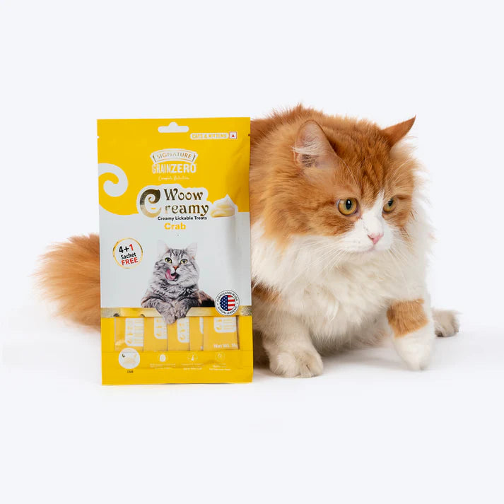 Signature Grain Zero Woow Creamy Crab Cat & Kitten Lickable Treats 75 Gm (4 Sachet + 1 Free)