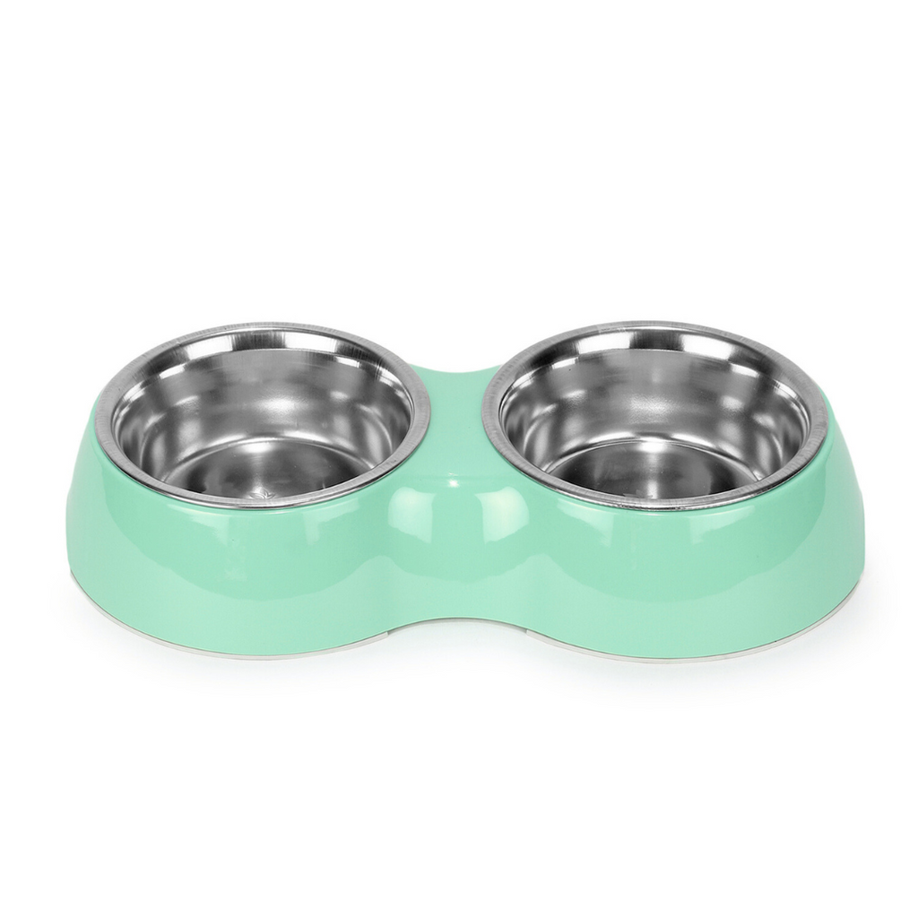 Basil Melamine Double Dinner Set Pet Feeding Bowls for food and water Light Green Small 400ml