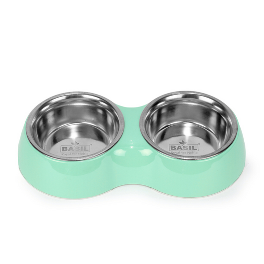 Basil Melamine Double Dinner Set Pet Feeding Bowls for food and water Light Green Small 400ml