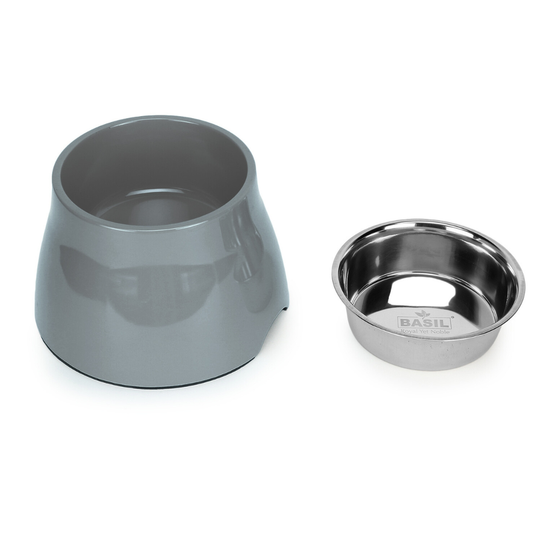 Basil Elevated Grey Melamine and Stainless Steel Pet Feeding Bowls for Bigger Ears Dogs Large 1600ml