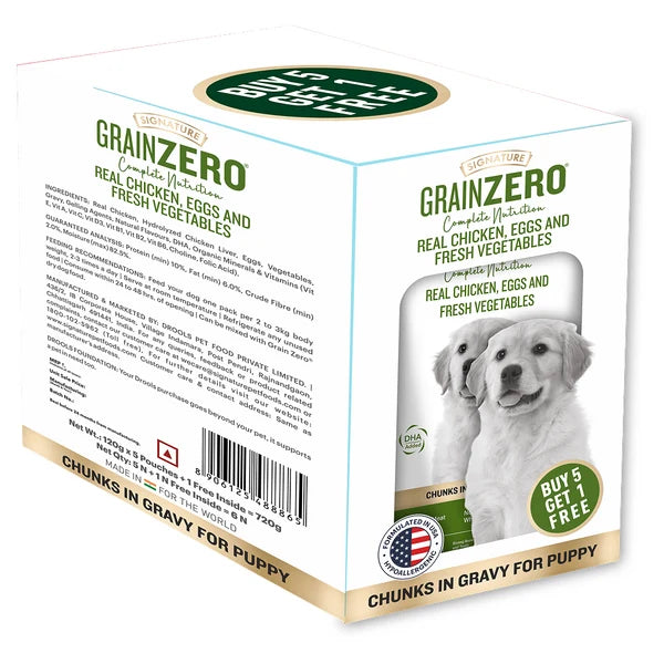Signature Grain Zero Chicken Chunks In Gravy Wet Food For Puppy 120g x 5 Pouch + 1 Free Inside = 720g