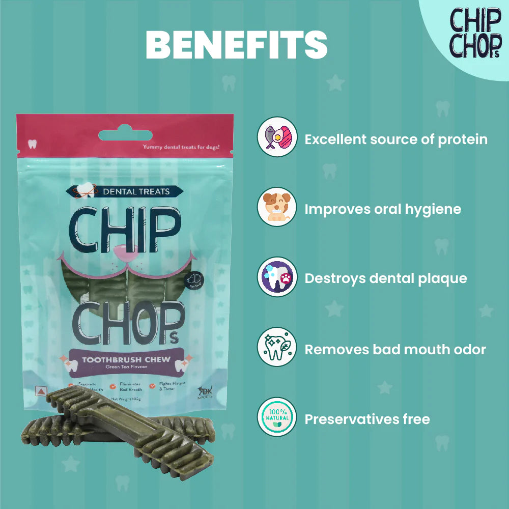 Chip Chops Toothbrush Chew Green Tea Flavour Dog Treat 102g