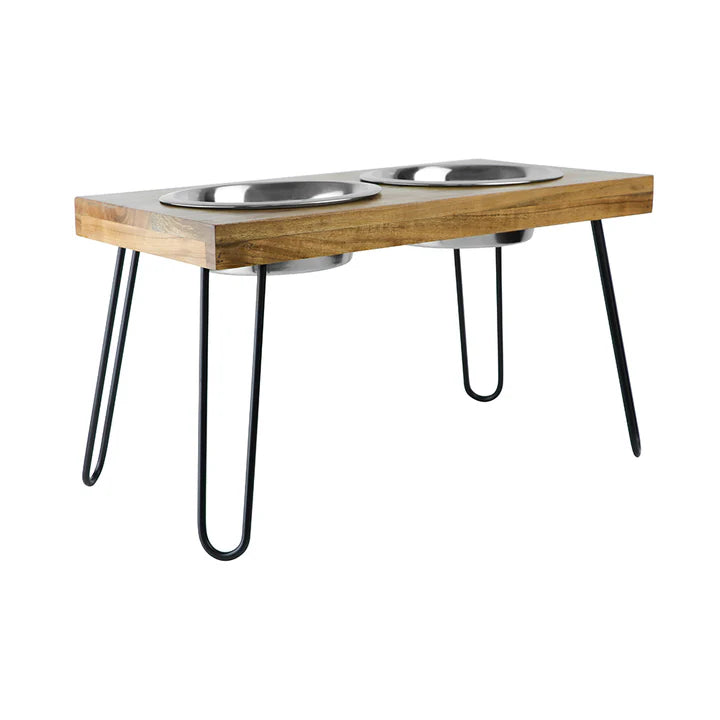 Pawpourri Elevated Acacia Wooden Double Diner For Dog I Size  8.3 (D), 22" (L) x 12" (W) x 12.2" (H)