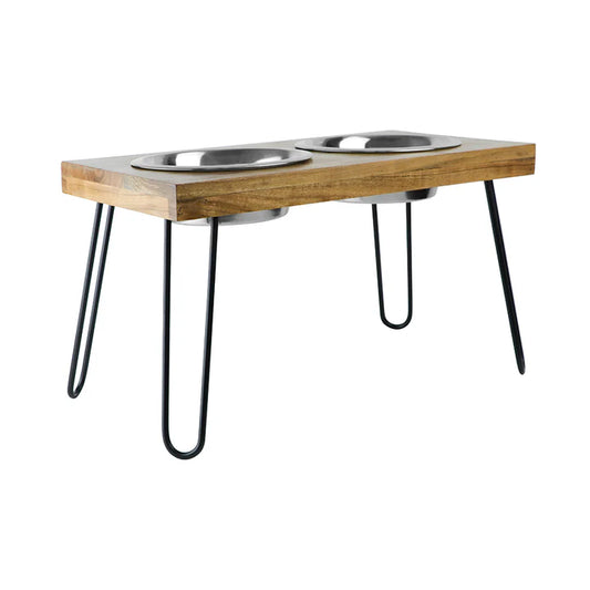 Pawpourri Elevated Acacia Wooden Double Diner For Dog I Size  8.3 (D), 22" (L) x 12" (W) x 12.2" (H)