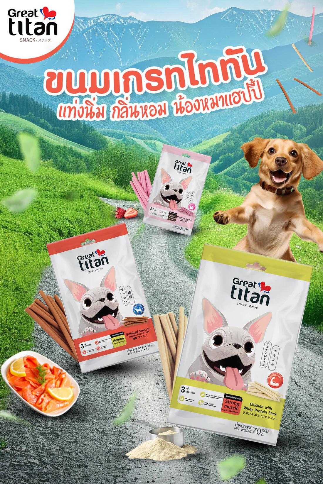 Great Titan Snack Chicken with Strawberry Original Flavor Stick For 3+Months Dogs 70g