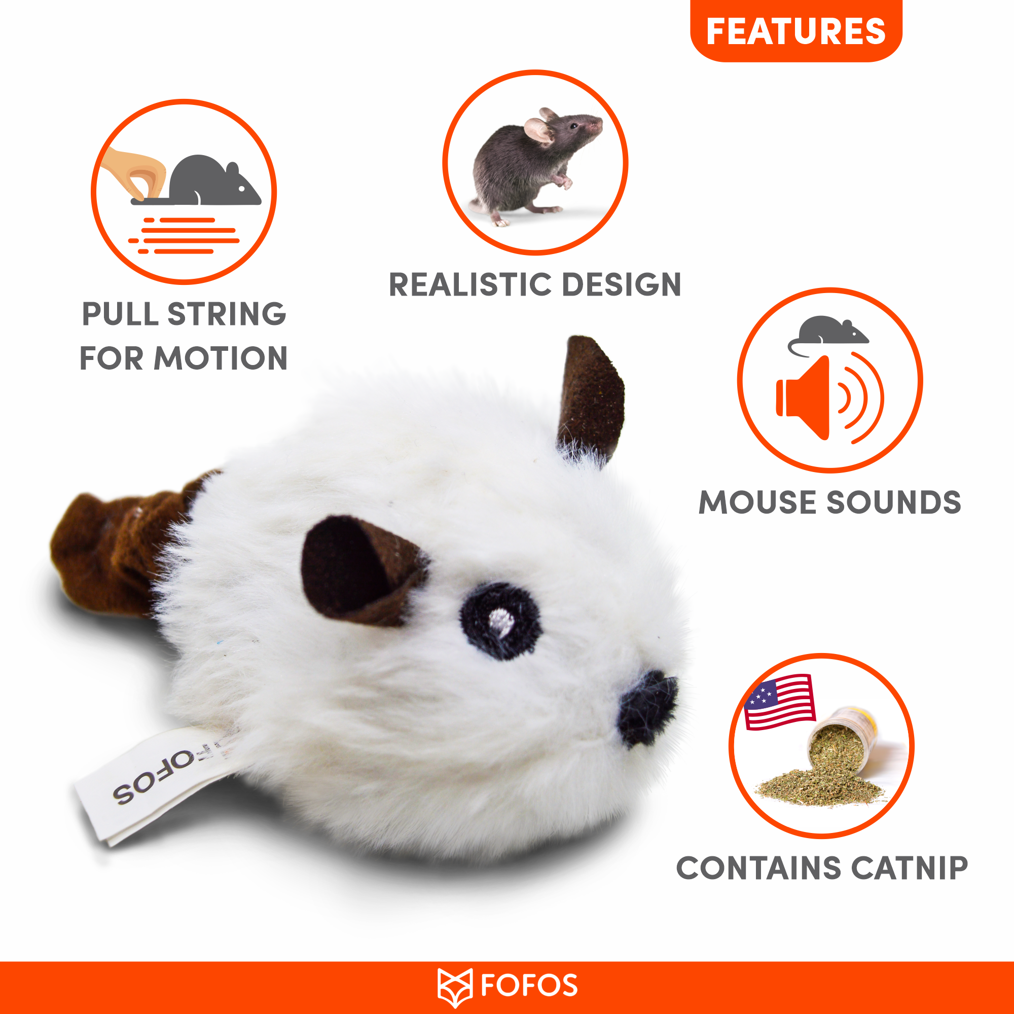 FOFOS Pull String Mouse White Cat Toy 13x5.5x4cm