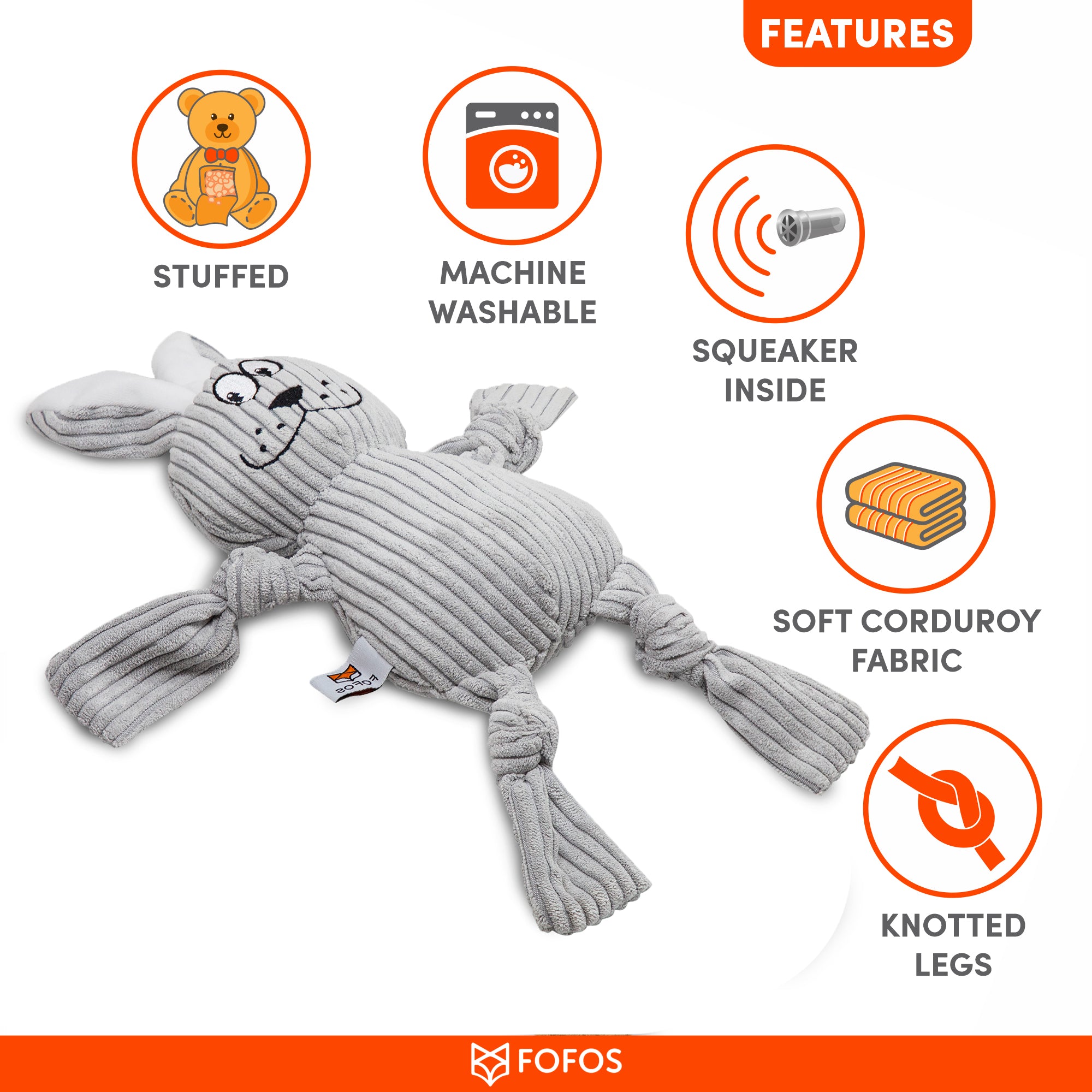 FOFOS Fluffy Rabbit Grey Dog Toy 35 x 23 x 6.5 cm