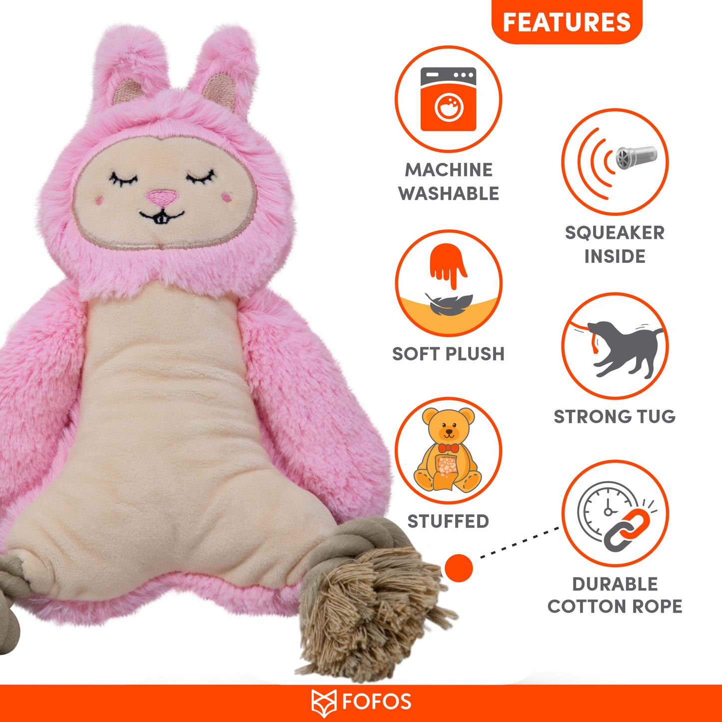 FOFOS Ropeleg Plush Rabbit Dog Toy 34 x 20 x 3.5 cm