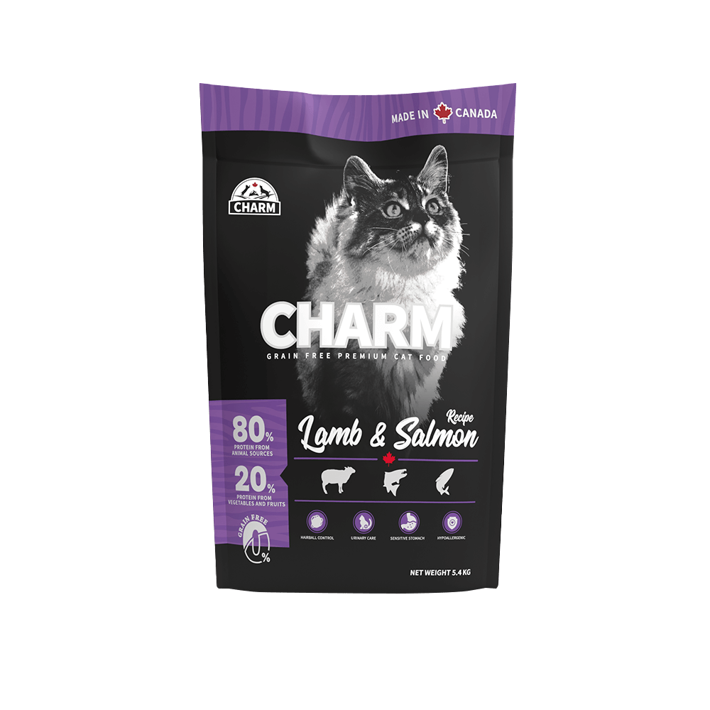 Charm Lamb and Salmon Recipe Grain Free Premium Cat Dry Food For All Breeds and All Life Stages 340g