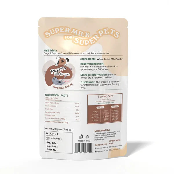 HYE Pets Nutrient Rich Full Fat Camel Milk Powder for Dogs and Cats 200g