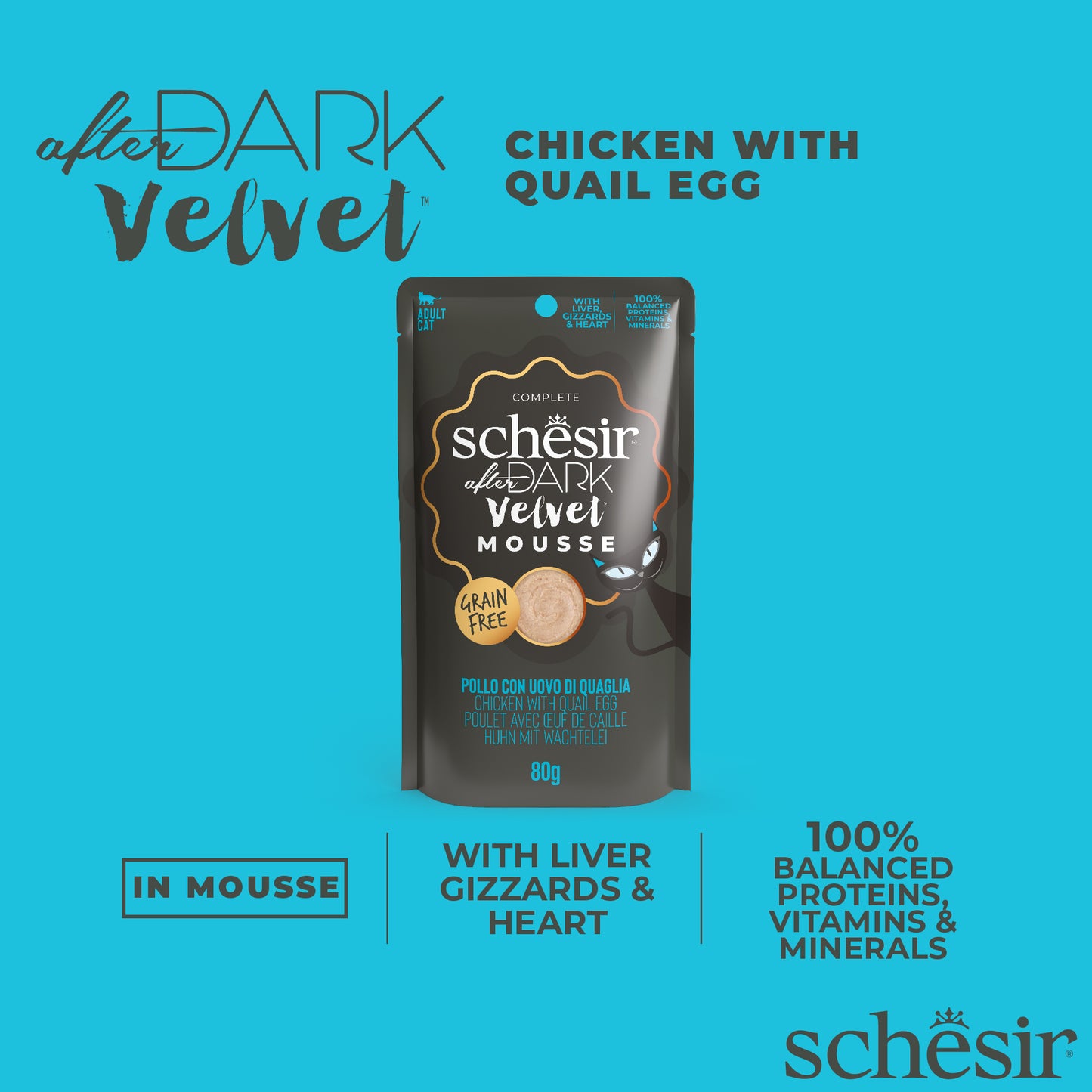 Schesir After Dark Velvet Cat Mousse Chicken and Quail Egg Adult Cat Wet Food 80g