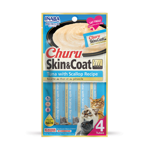 Inaba Churu Creamy Skin & Coat Tuna with Scallop Recipe Treat For Cats 14g x 4 Tubes