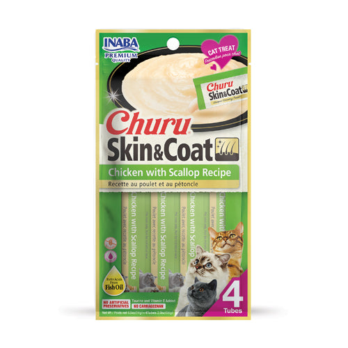 Inaba Churu Creamy Skin & Coat Chicken with Scallop Treat For Cats 14g x 4 Tubes)
