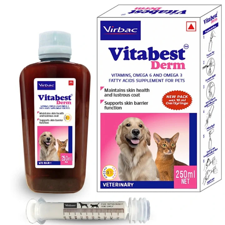 Virbac Vitabest Derm with Omega 6 & Omega 3 for Lustrous Coat of Dogs & Cats 250ml