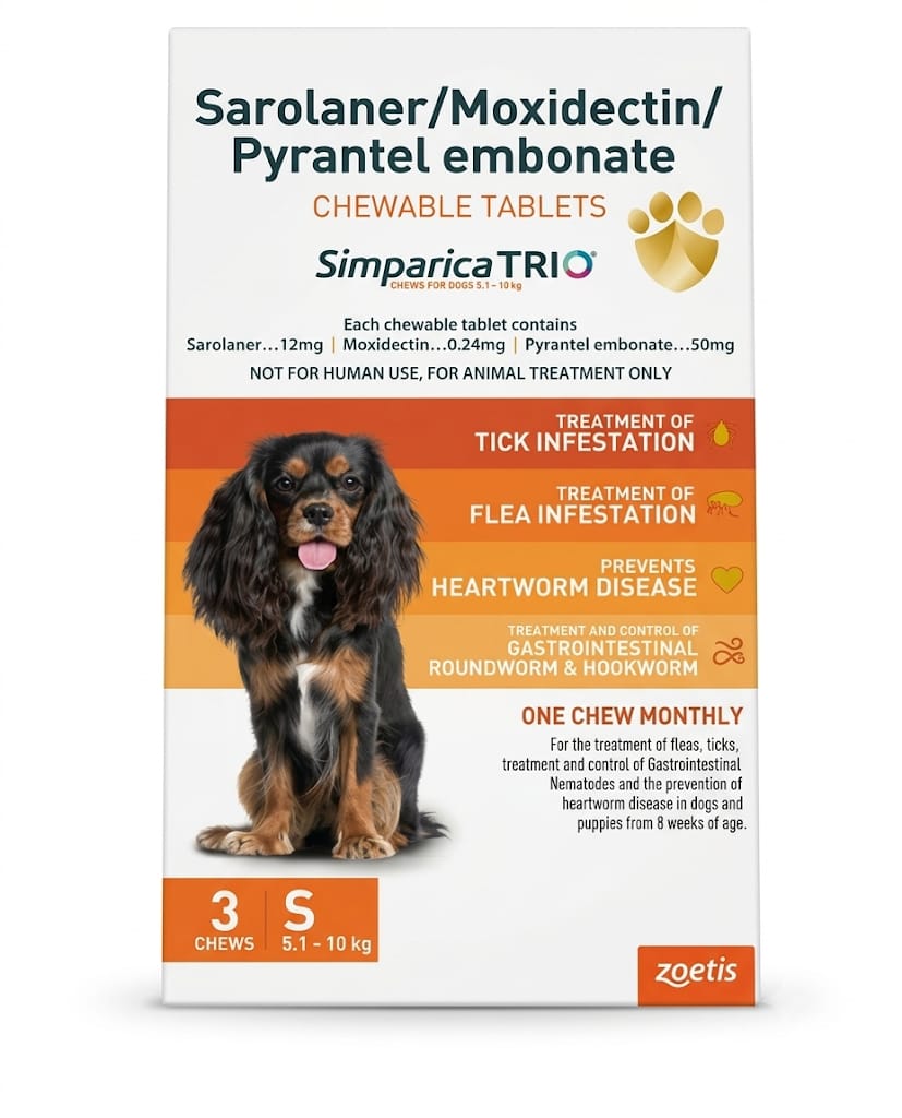 Zoetis Simparica Trio Dog Tick and Flea Control 3 Chewable Tablet For Small Dogs 5.1-10kg